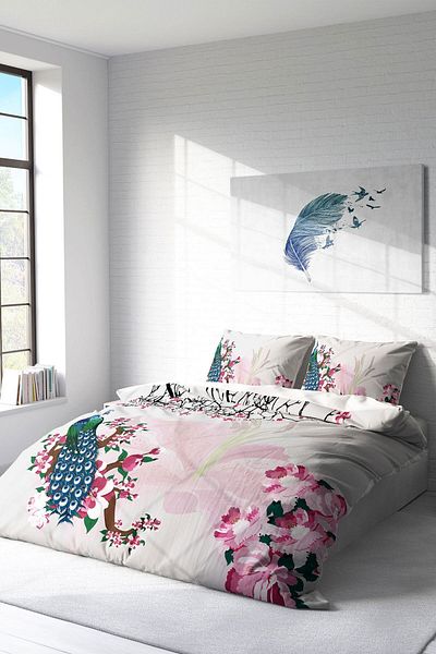 PerlaSera Peacock Natural 3D Custom Design - Double Duvet Cover Set, Tightly Woven Cotton Satin
