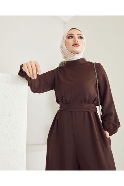She Olive Belted Hijab Jumpsuit - brown