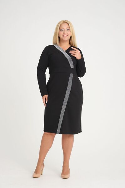 SERRA BÜYÜK BEDEN Rochie de seară cu guler dublu, mărime mare, cu mâneci lungi și dungi, lungime midi