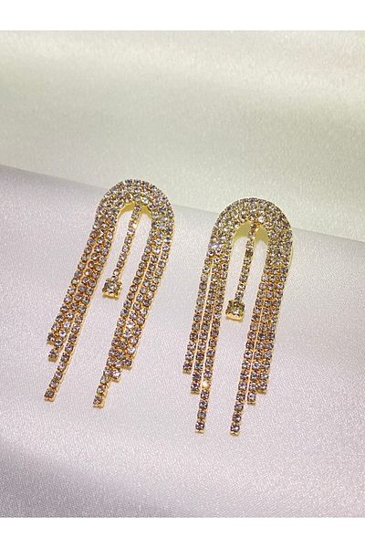 Furtek Aksesuar Sonia Model Zircon Jewelled Earring Evening Dress - Gold Plated, Daily and Engagement Ball