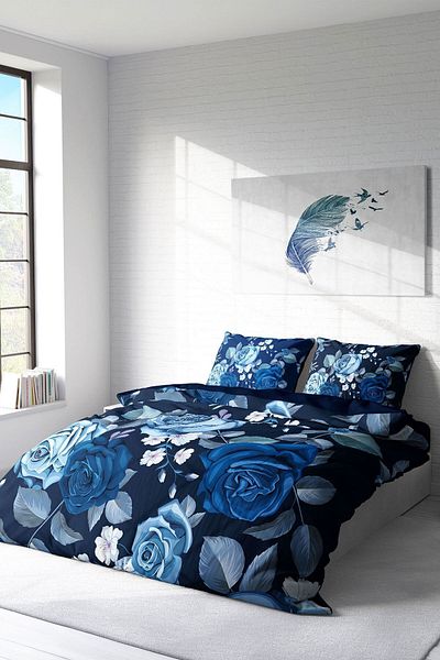 PerlaSera 3D Custom Design Duvet Cover Set - Tightly Woven Cotton Satin, Blue Flower, Double