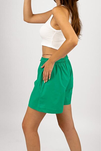 Betimoda White Drawstring Elastic Loose Fit Women's Shorts - Comfortable Short Green Solid Color Unprinted Cotton