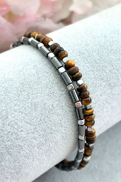 CRAZY TAKI TASARIM Tiger's Eye & Hematite Natural Stone Double Men's Bracelet