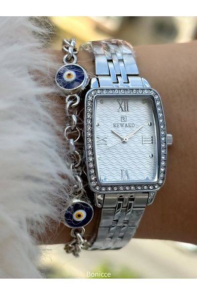 Reward Silver Color Steel Cord Rectangle Case Women's Wristwatches Bracelet