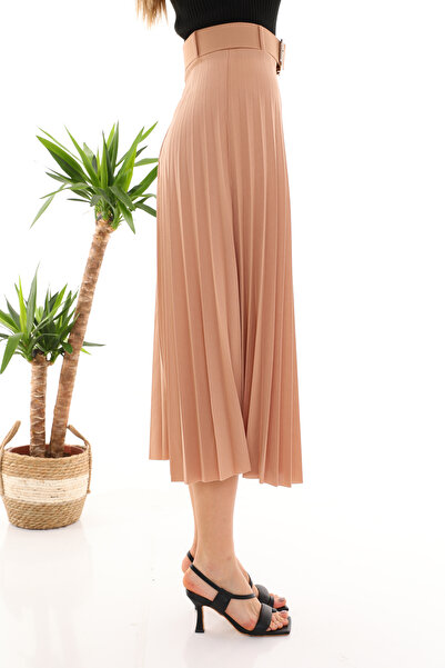 MB-MODA BİZİMLE Beige Pleated Belted Skirt