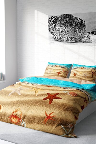 MonoHome 100% Cotton Satin Double Duvet Cover Set with Fitted Sheets Beach Stars