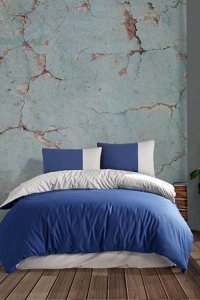 Cote Blanc Navy Blue Gray Duvet Cover Set - 100% Cotton, Double, Double Sided