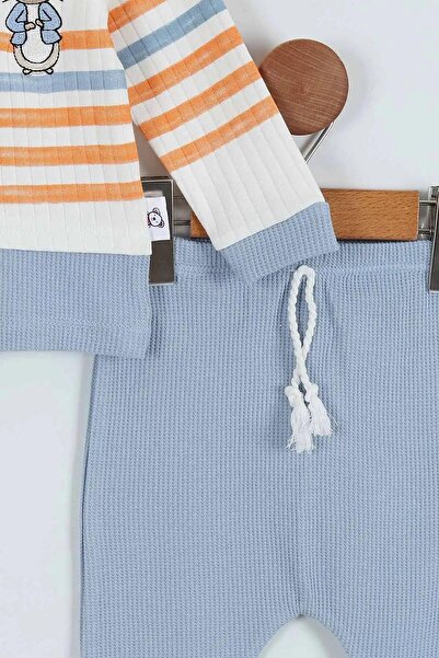 VEGAMOD ERKEK BEBEK TAVŞAN NAKIŞLI ÇİZGİLİ WAFFLE KUMAS İKİLİ TAKIM