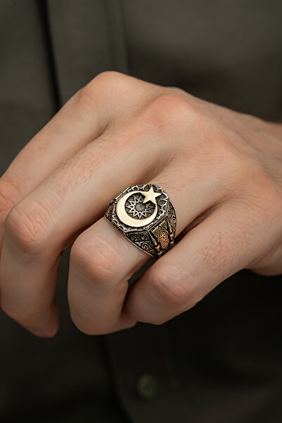 ALYANSEVİM Ayyıldız Motifli 925 Gümüş Erkek Yüzük