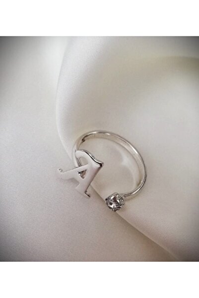 Judas Takı خاتم فضي بحرف A - حجر واحد قابل للتعديل للنساء