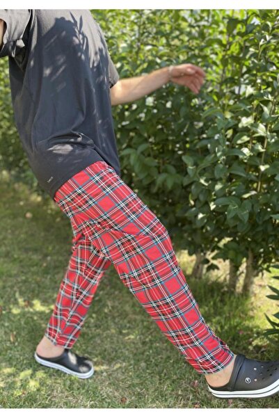 Betimoda Erkek Cepsiz Beli Lastikli Pijama Altı Eşofman Kırmızı Yeşil Kare