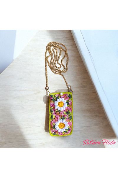 Satürn Hobi Knitted Daisy Motif Chain Strap Phone Bag & Glasses Case