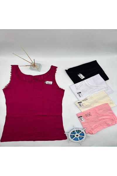 Tutku Jacquard Thick Strap Undershirt 4' Piece same color