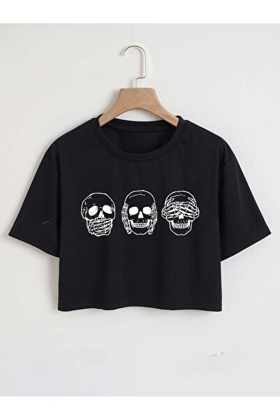 over head oh Top crop oversize pentru femei cu craniu negru imprimat