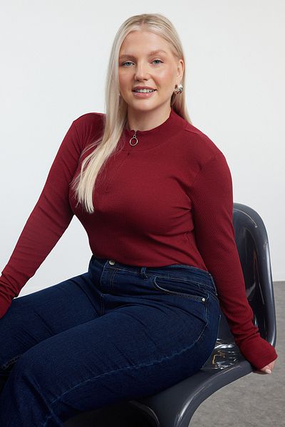 Trendyol Curve Bordová, stojačik, golier, bodysitting Košieľka Pletená blúzka nadmernej veľkosti Tbbaw25Af00019