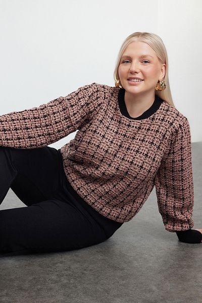 Trendyol Curve Tweed look Dried Rose Glitter Knitwear Sweater - TBBAW25AN00014