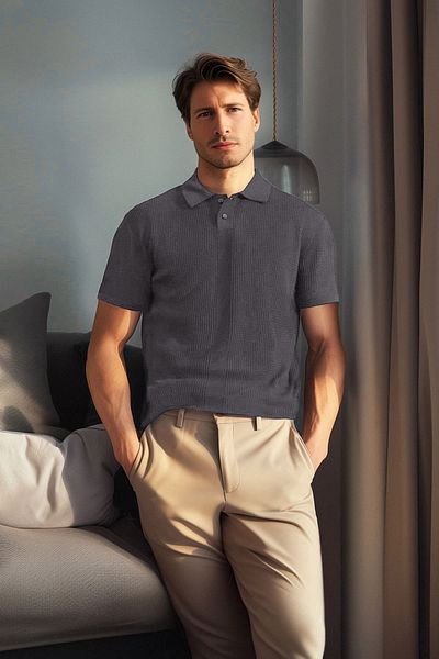 Trendyol Collection Zakouřený prolamovaný polo límec Bavlněné úpletové tričko - Tmnss23Po00025