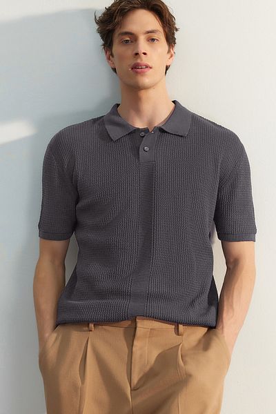 Trendyol Collection Zakouřený prolamovaný polo límec Bavlněné úpletové tričko - Tmnss23Po00025
