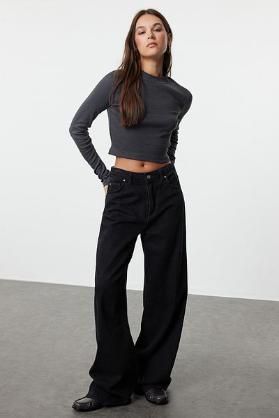 Trendyol Collection Elastická antracitová pletená halenka se šňůrou – Crop, stojáček TWOAW25BZ00165