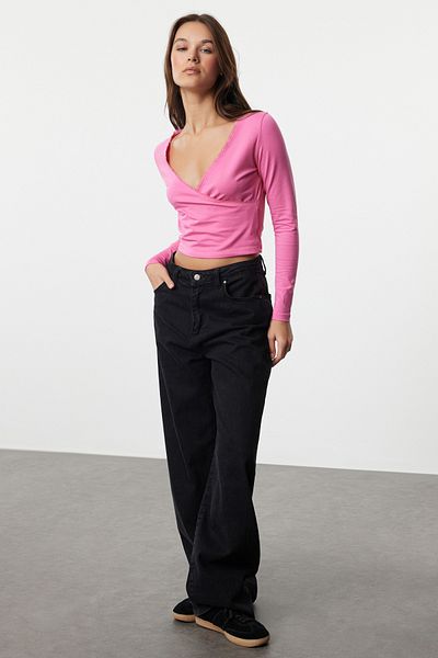 Trendyol Collection Ροζ δαντέλα με λεπτομέρεια διπλό στήθος γιακά μπλούζα Crop - Μακρυμάνικο, Stretch Βαμβακερό TWOAW24BZ00291