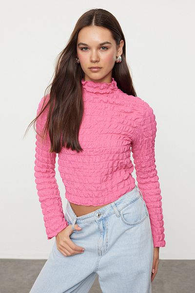 Trendyol Collection Fuchsia Textured Fitted/Close-Fitting Zipper Stand Collar Knitted Twoaw25Bz00104