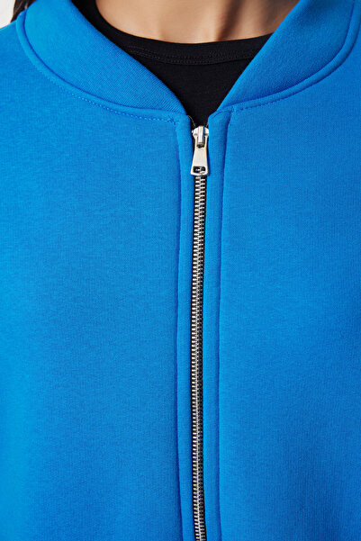 Trendyol Collection Thick Fleece Inside Blue Knitted Sweatshirt - Zippered Oversize Fit TWOAW25SW00122