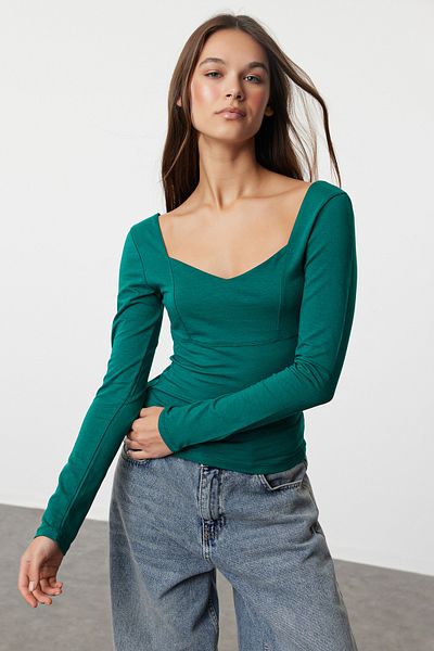 Trendyol Collection Μακρυμάνικη μπλούζα Emerald Green Stretchy Heart Collar Coll - TWOAW25BZ00019