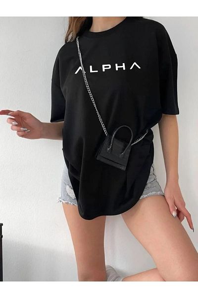 Pink Sky Alpha Printed Unisex Μαύρο μπλουζάκι Oversize
