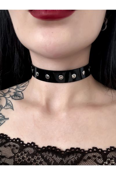 DarkellaStore Gothic Punk Black Patent Leather Studded Choker Neck Collar