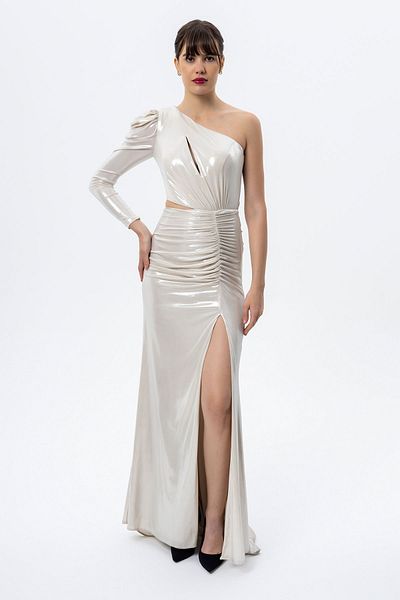 Sarı Etiket One Shoulder Glitter Draped Dress