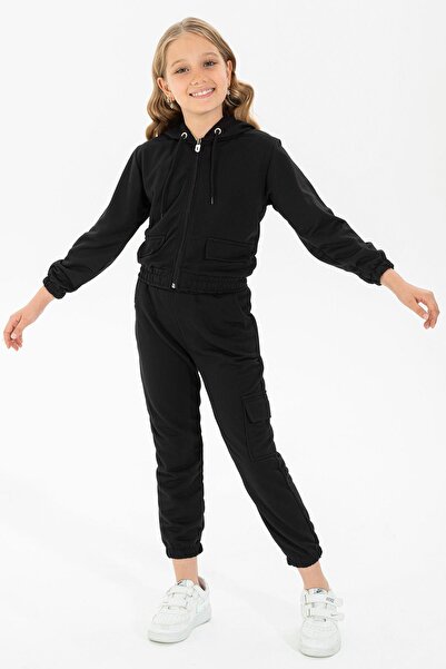 zepkids Hooded Long Sleeve Black Color Girl's Tracksuit Set
