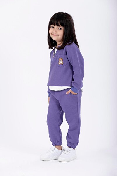 zepkids Purple Colored Crew Neck Long Sleeve Girl's Tracksuit Set with Embroidered Garnish and Elastic Waistband