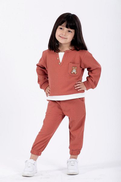 zepkids Fată - Set de trening cu mânecă lungă, de culoare cărămidă, cu decolteu rotund, pachet brodat în talie