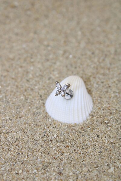 NOBLE GETTO Piercing Cerrahi Çelik Piercing Zirkon Taşlı Kıkırdak Tragus Conch Helix Silver Renk Taşlı Kelebek