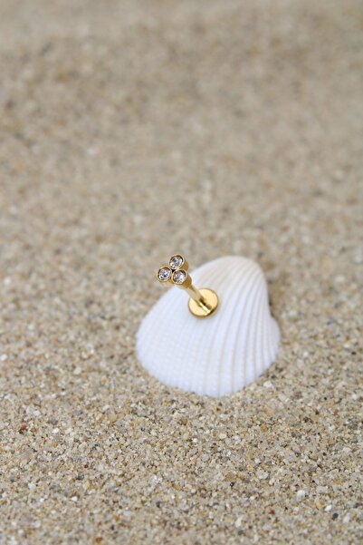 NOBLE GETTO Piercing Cerrahi Çelik Piercing Zirkon Taşlı Kıkırdak Tragus Conch Helix Gold Renk Üç Taşlı Labret