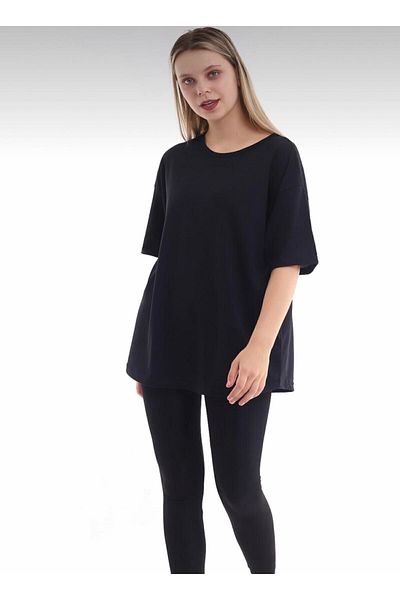 Pink Sky Boyfriend Cut Unisex Μαύρο Πλεκτό Oversize T-shirt - Crew Neck