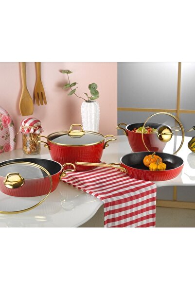 Lines Maya 7 Piece Granite Patterned Cookware Set Gold Handle Red
