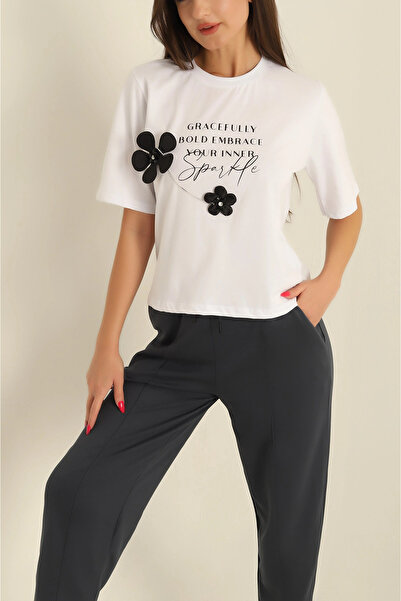 vuvutasarım Νέα σεζόν - Μπλουζάκι μονό ζέρσεϊ με λευκές πέτρες και λουλούδια