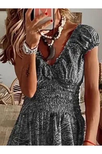 ADEN AKBEL V-Neck Elastic Patterned Women's Maxi Dress - Short Sleeve Single Jersey Model