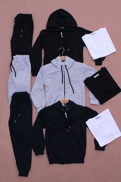 PANİO KİDS 3-Piece ZIPPER TRACKSUIT-BASIC PLAIN T-SHIRT BOY BOYS TOP-BOTTOM SET