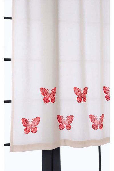 pamukidea Red Butterfly Patterned Cotton Linen Curtain - Summer and Sunshade Buldan Printed Wooden Stone
