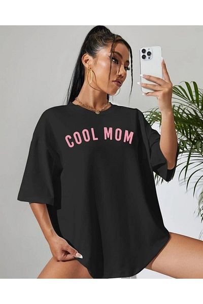Pink Sky Coolmom Printed Unisex Oversize Μαύρο T-shirt - 100% Βαμβάκι