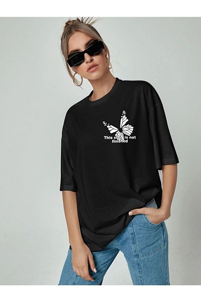 Pink Sky Tricou de damă oversize cu imprimeu fluture alb