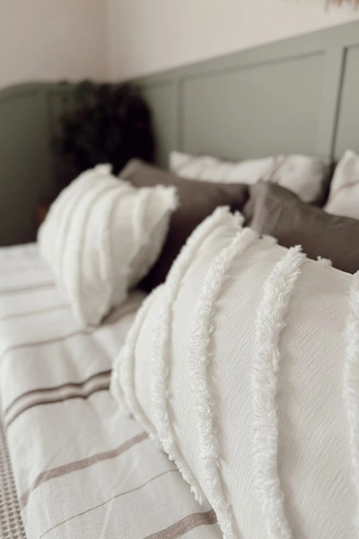 ARIKAN HOME Ekru Renk Bodrum Astarlı Şönil Kadife Fırfır Premium Runner Seti