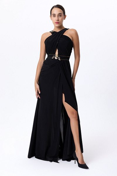 Sarı Etiket Double Breasted Jersey Dress - Cross Collar