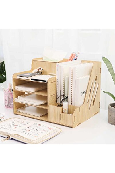 aswood Desktop Pen Holder Organizer Practical Table Top Organizer with Paperwork Rack and Napkin Holder Section 1