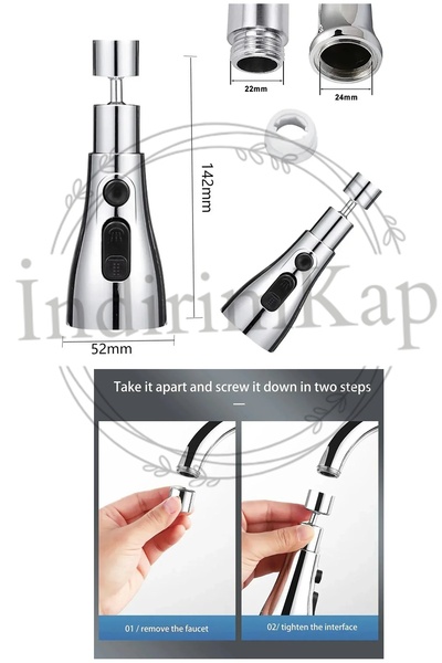 İndirimKap Krom 3 Fonksiyonlu Tasarruflu 360 Derece Döner Musluk Lavabo Başlığı Mutfak Bataryası Musluk Başlığı