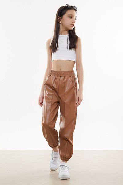 Cansın Mini Brown Elastic Waist Jogger Model Girl Leather Trousers 18051