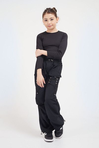 Cansın Mini Black Lace Pocket Detailed Girl's Parachute Trousers 17629