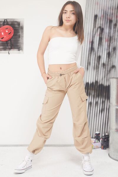 Cansın Mini Krem Kargo Cep Lastikli Paça Kız Paraşüt Pantolon 17598
